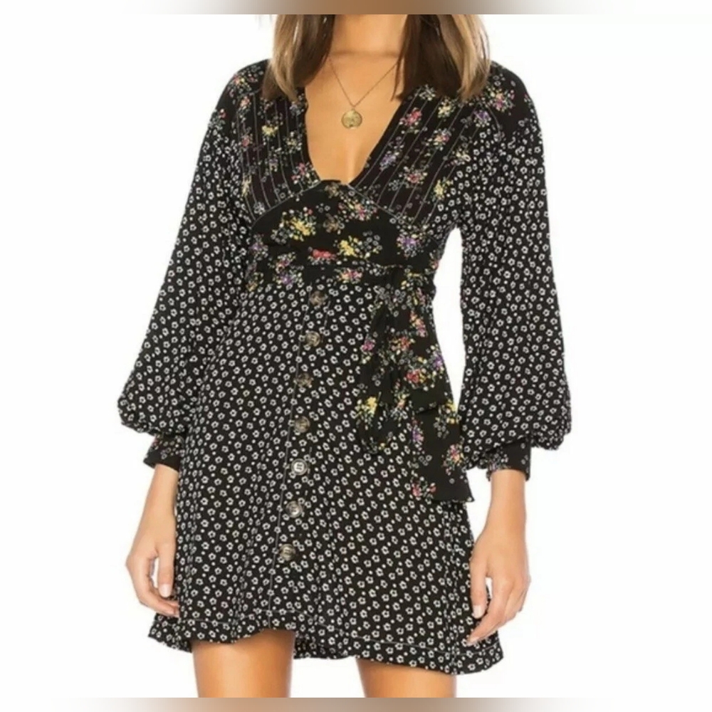 Free People Black Floral Wonderland Balloon Long Sleeve Dress Size S